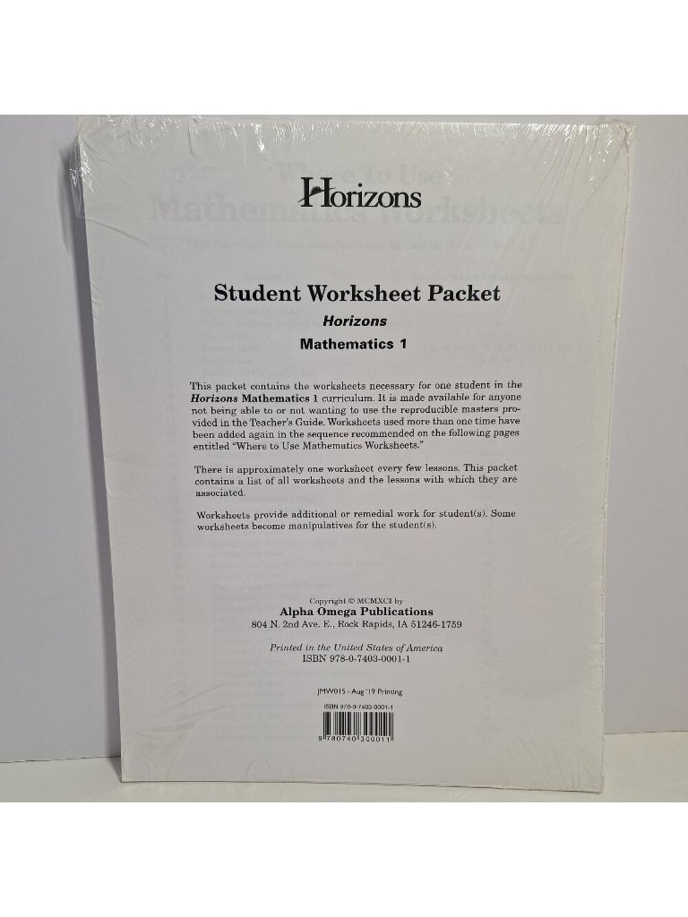Student Worksheet Horizons Mathematics 1 Packet 2019 Edition - Picture 1 of 7